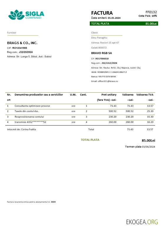 Modèle de facture de services publics d'entreprise Roumanie SIGLA COMPANIEI aux formats Word et PDF